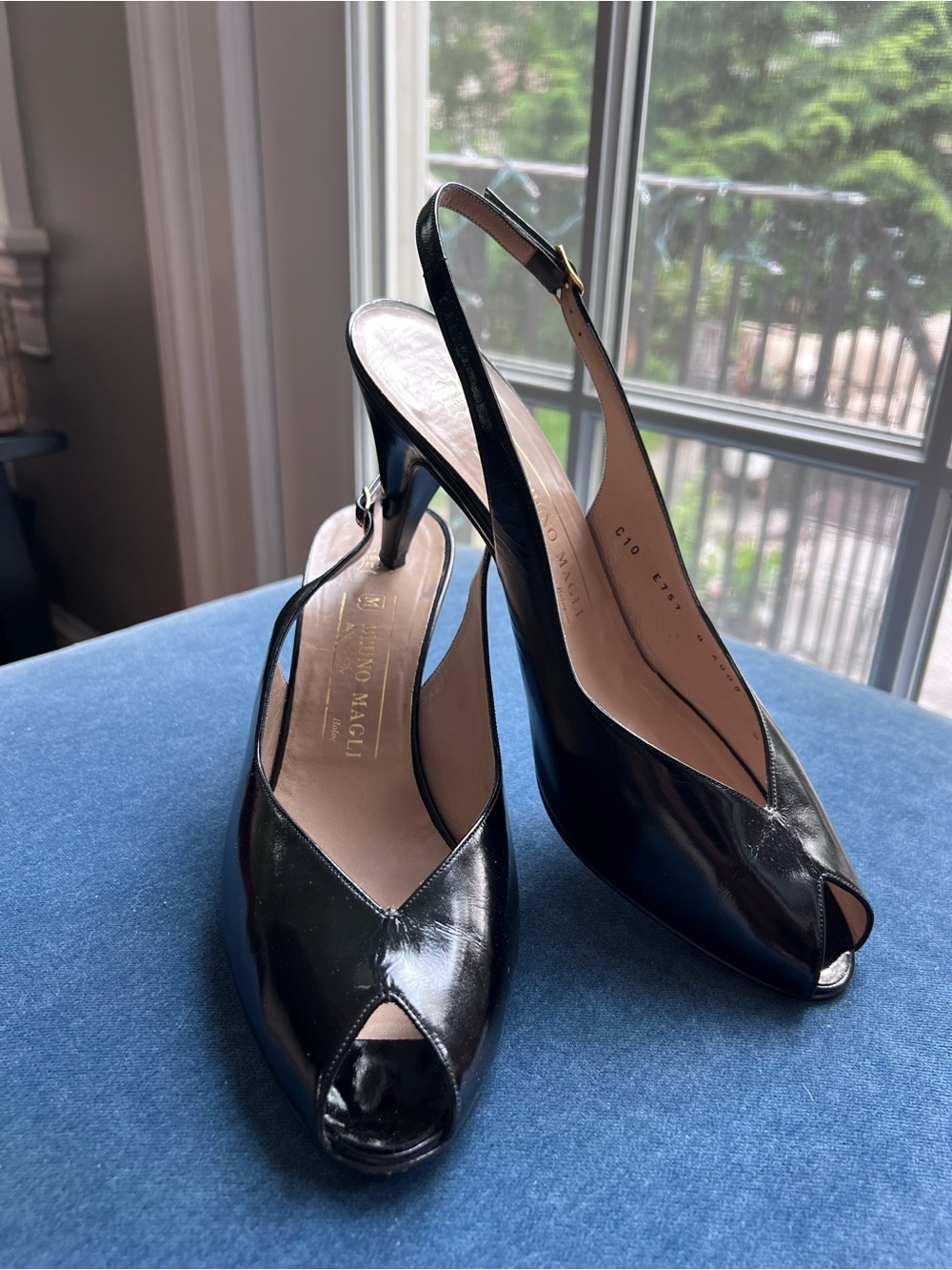Bruno Magli Black Patent Leather Open-Toe Slingback Heels